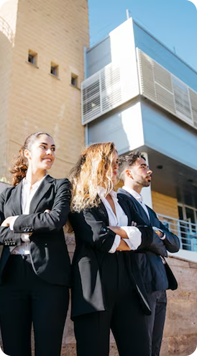 Business professionals outside building